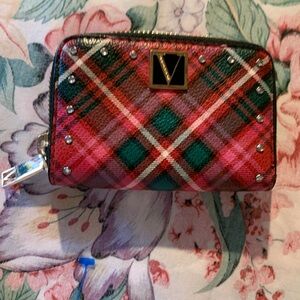 Victoria's Secret Red & Green Plaid Zip Wallet with Stud Accents